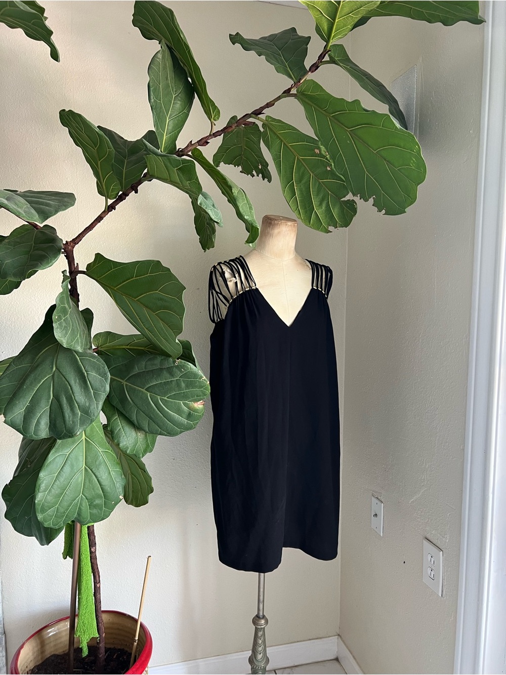 BCBGMaxAzria Black Slip Dress with Gold-Accent Straps